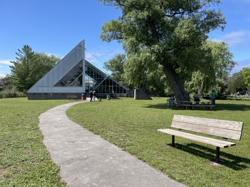 A front view of the walkway leading to the indoor museum at Nancy Island